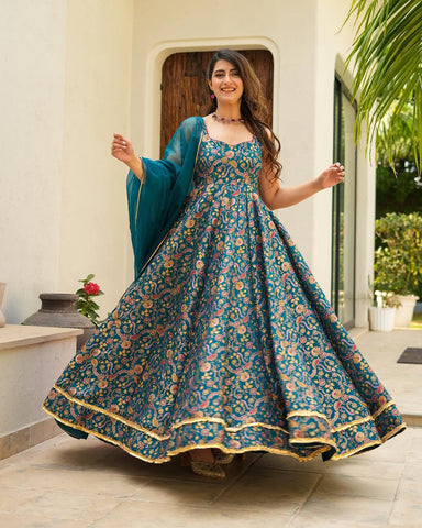 Teal Color Digital Printed Jimmy Organza Silk Designer Anarkali Gown
