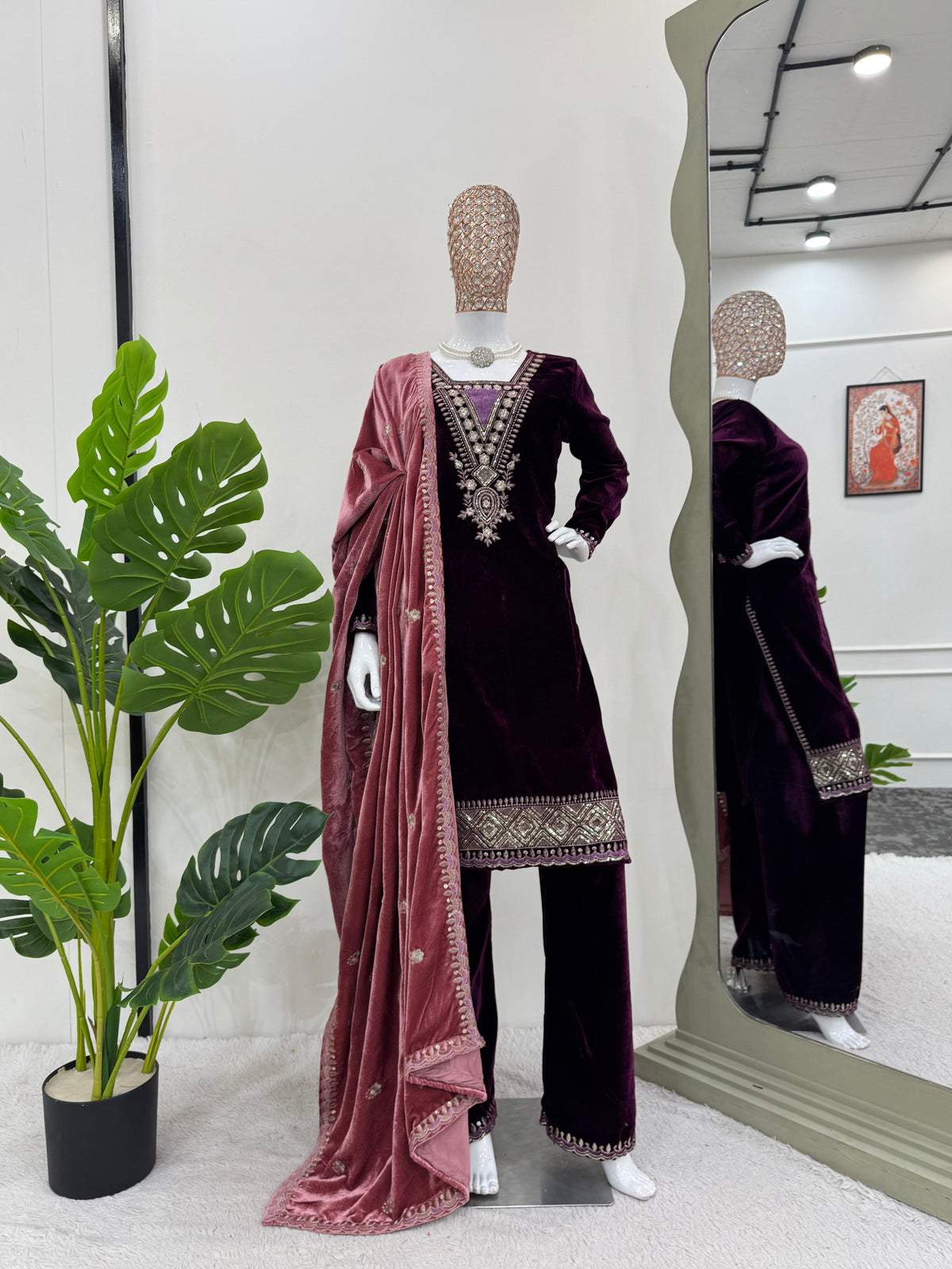 Charming Wine Color Viscos Velvet And Thread With Sequence Designer Velvet Salwar Suit