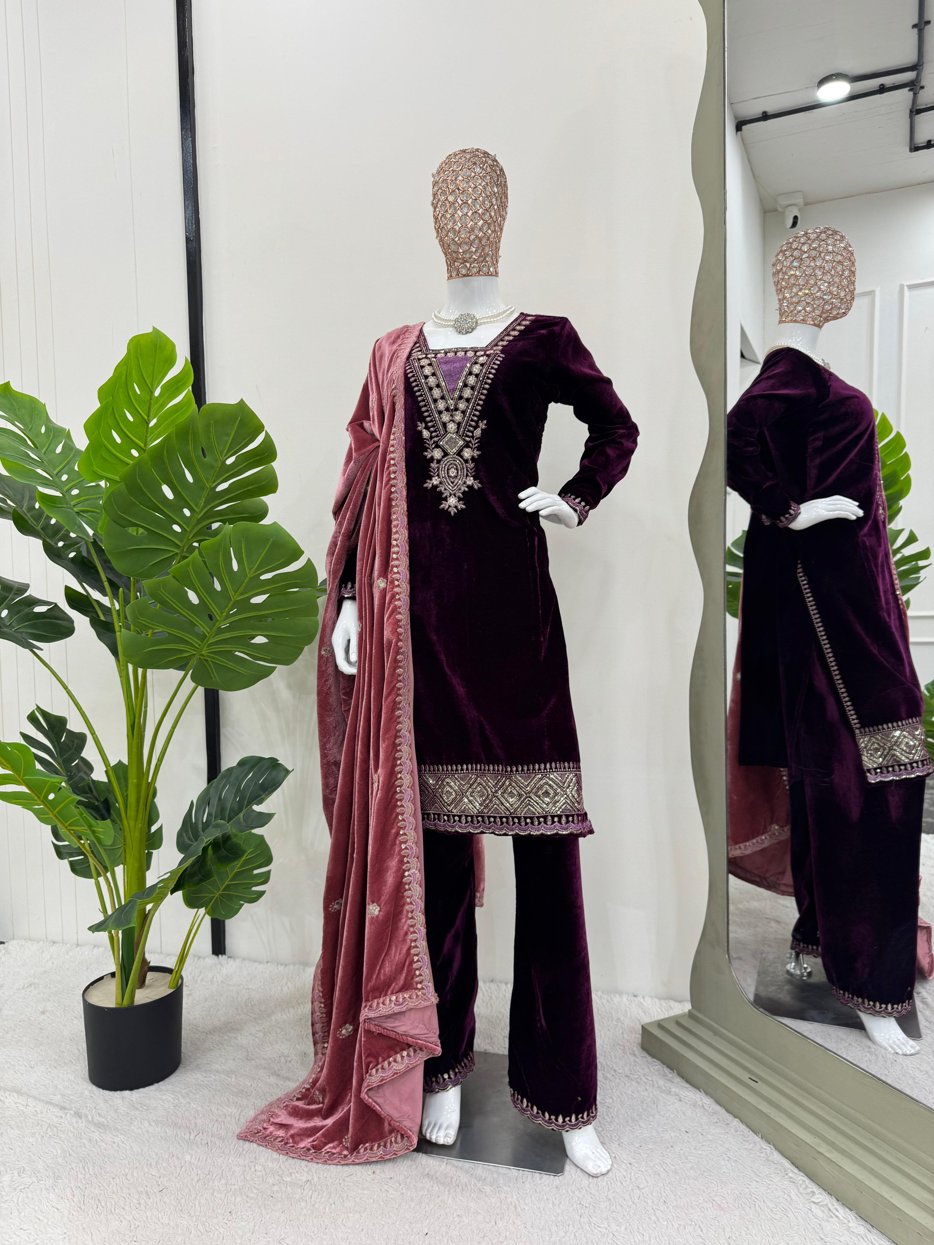 Charming Wine Color Viscos Velvet And Thread With Sequence Designer Velvet Salwar Suit