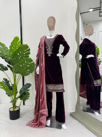 Charming Wine Color Viscos Velvet And Thread With Sequence Designer Velvet Salwar Suit