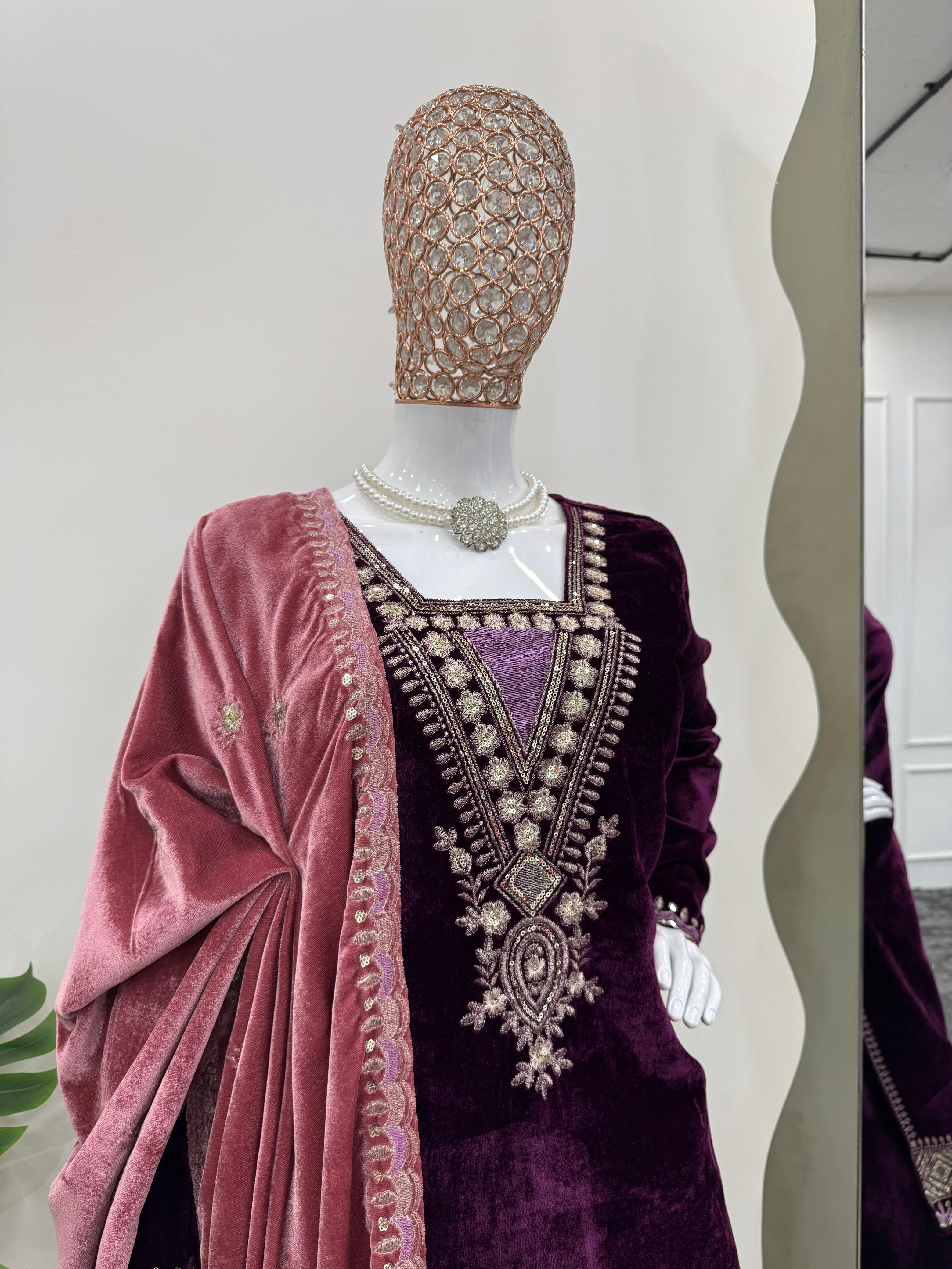 Charming Wine Color Viscos Velvet And Thread With Sequence Designer Velvet Salwar Suit
