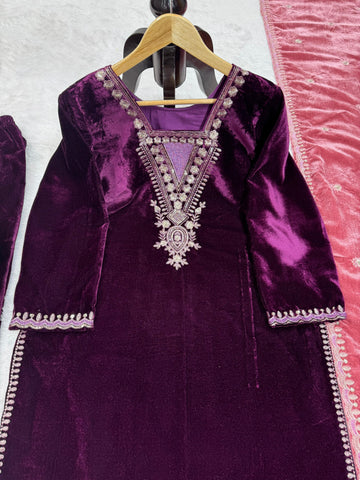 Charming Wine Color Viscos Velvet And Thread With Sequence Designer Velvet Salwar Suit