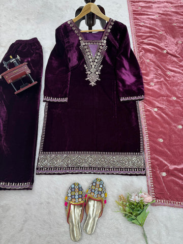 Charming Wine Color Viscos Velvet And Thread With Sequence Designer Velvet Salwar Suit