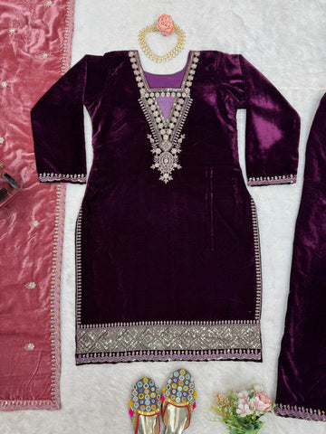 Charming Wine Color Viscos Velvet And Thread With Sequence Designer Velvet Salwar Suit