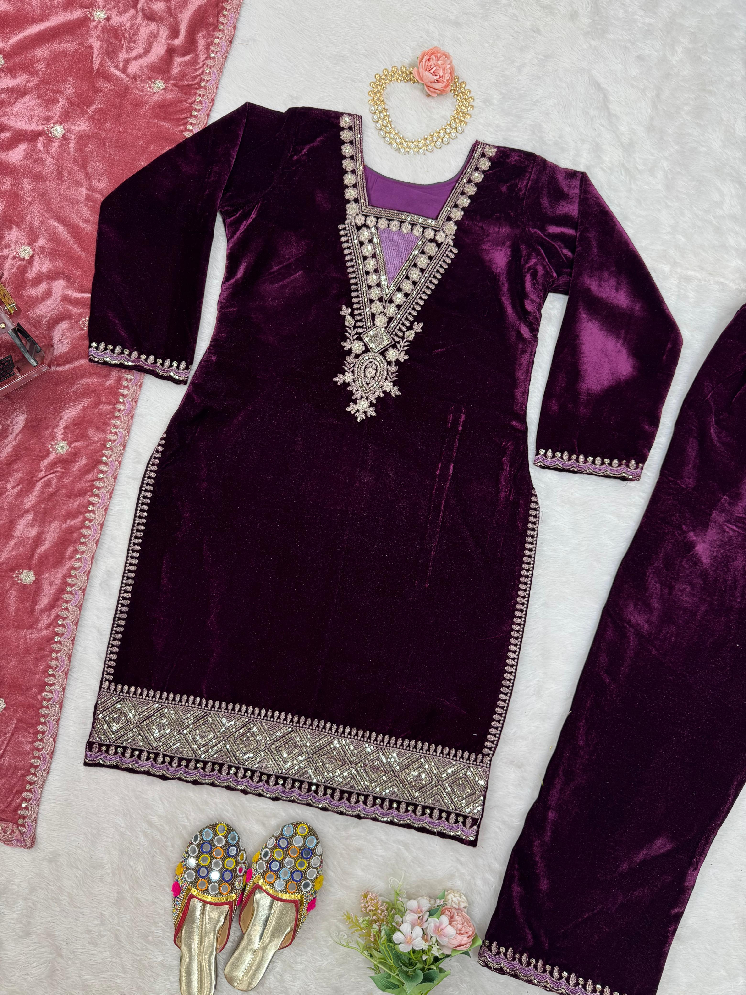 Charming Wine Color Viscos Velvet And Thread With Sequence Designer Velvet Salwar Suit