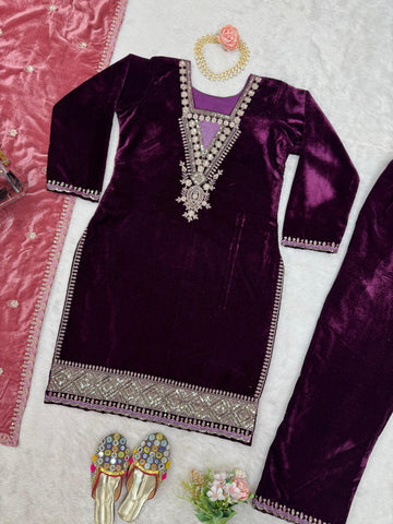 Charming Wine Color Viscos Velvet And Thread With Sequence Designer Velvet Salwar Suit