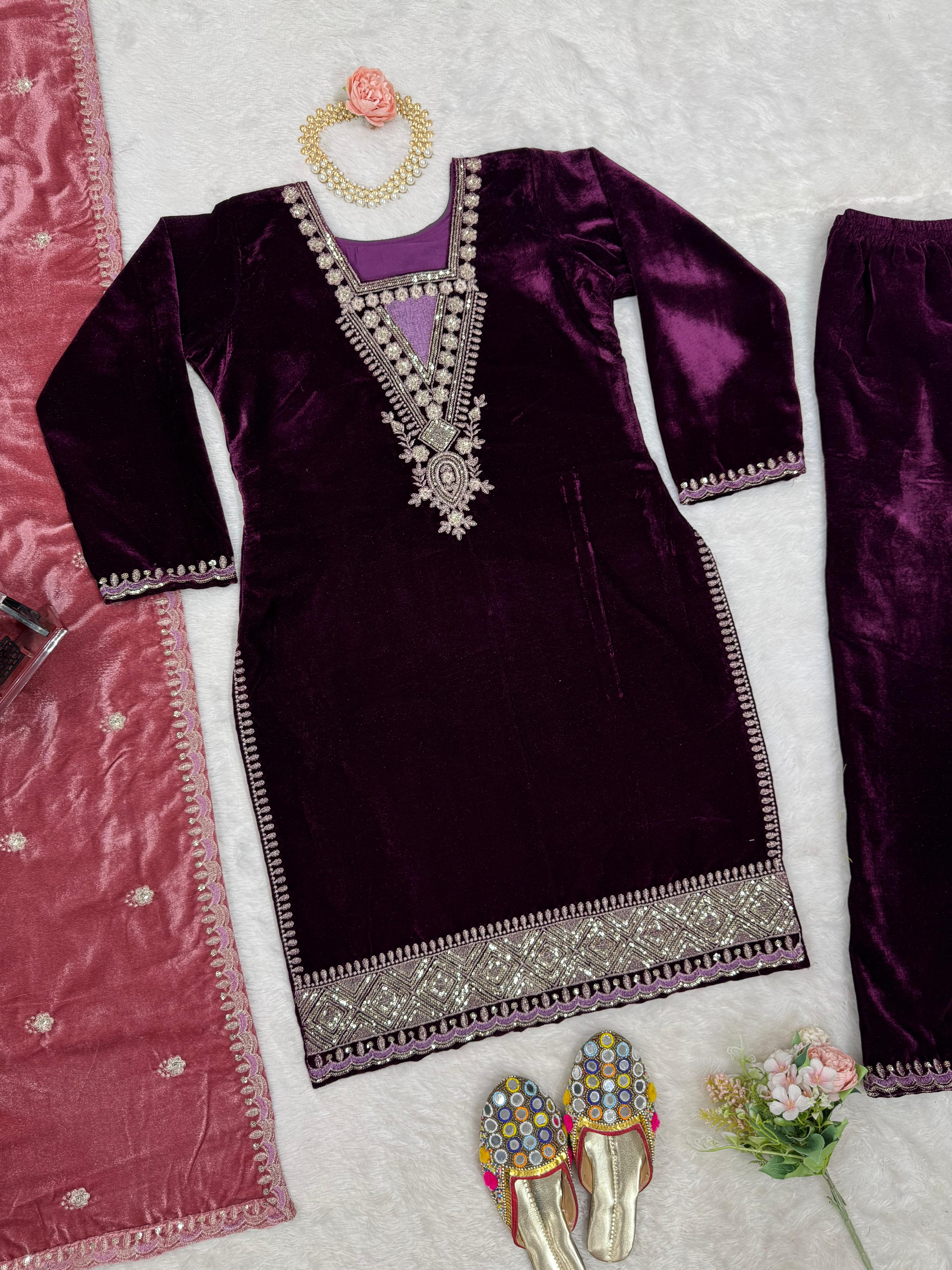 Charming Wine Color Viscos Velvet And Thread With Sequence Designer Velvet Salwar Suit