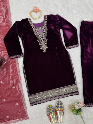 Charming Wine Color Viscos Velvet And Thread With Sequence Designer Velvet Salwar Suit