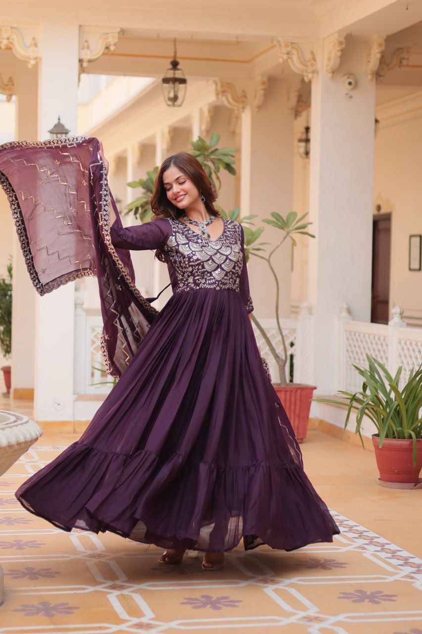 Admiring Purple Color Pure Georgette With Heavy Sequence Embroidery Work Designer Gown