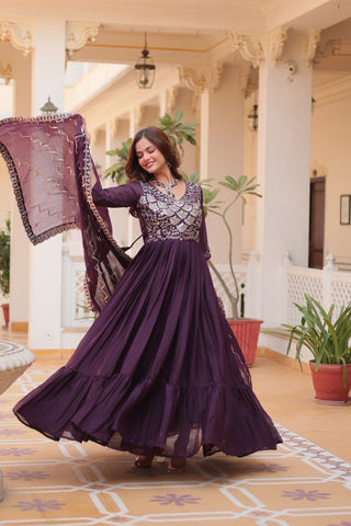Admiring Purple Color Pure Georgette With Heavy Sequence Embroidery Work Designer Gown