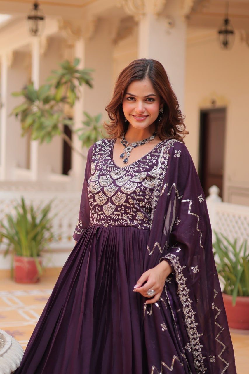 Admiring Purple Color Pure Georgette With Heavy Sequence Embroidery Work Designer Gown