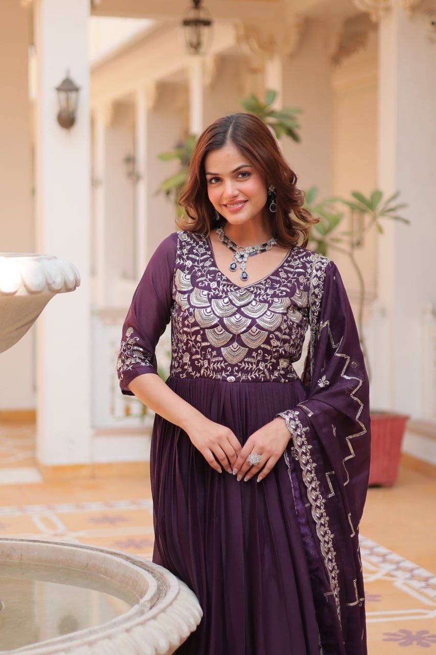 Admiring Purple Color Pure Georgette With Heavy Sequence Embroidery Work Designer Gown