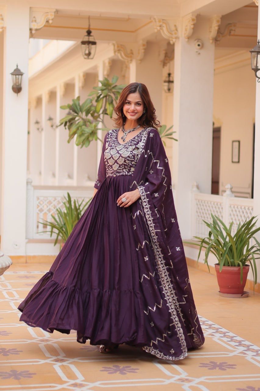 Admiring Purple Color Pure Georgette With Heavy Sequence Embroidery Work Designer Gown