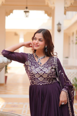 Admiring Purple Color Pure Georgette With Heavy Sequence Embroidery Work Designer Gown