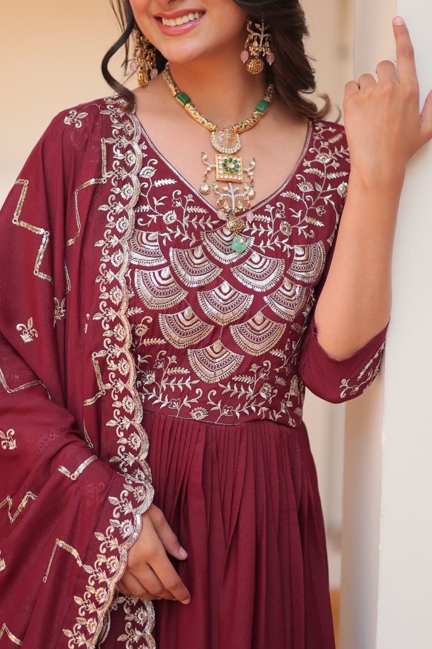 Admiring Maroon Color Pure Georgette With Heavy Sequence Embroidery Work Designer Gown