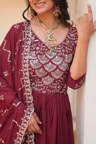 Admiring Maroon Color Pure Georgette With Heavy Sequence Embroidery Work Designer Gown