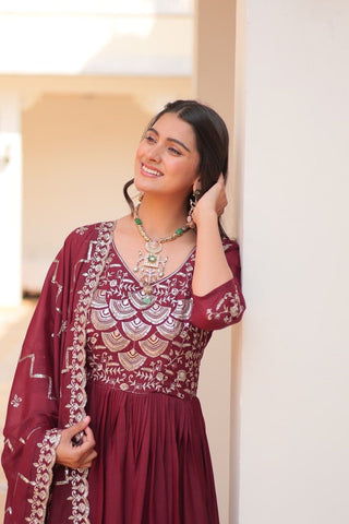 Admiring Maroon Color Pure Georgette With Heavy Sequence Embroidery Work Designer Gown