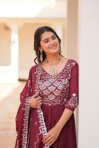 Admiring Maroon Color Pure Georgette With Heavy Sequence Embroidery Work Designer Gown
