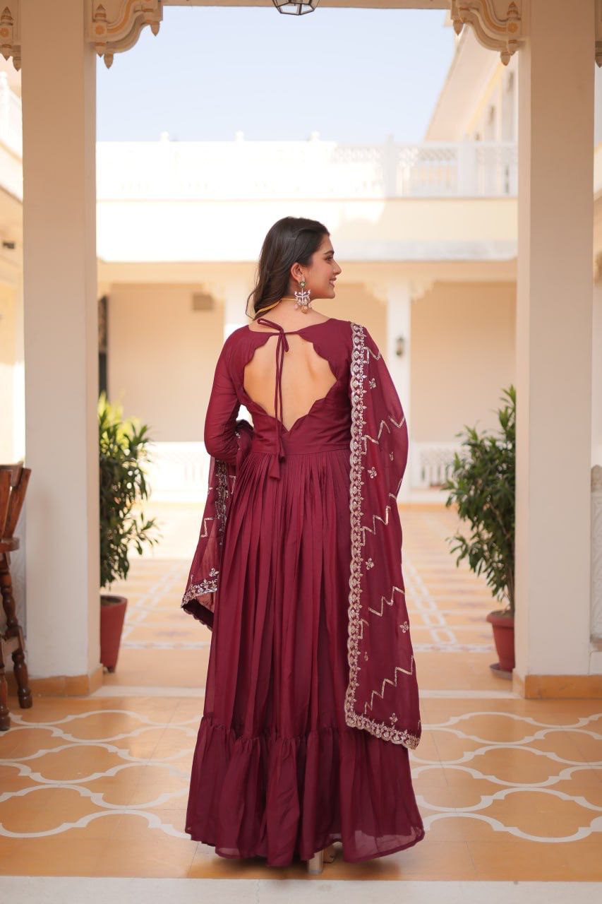 Admiring Maroon Color Pure Georgette With Heavy Sequence Embroidery Work Designer Gown