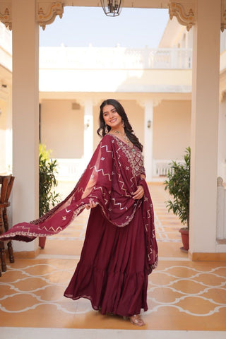 Admiring Maroon Color Pure Georgette With Heavy Sequence Embroidery Work Designer Gown