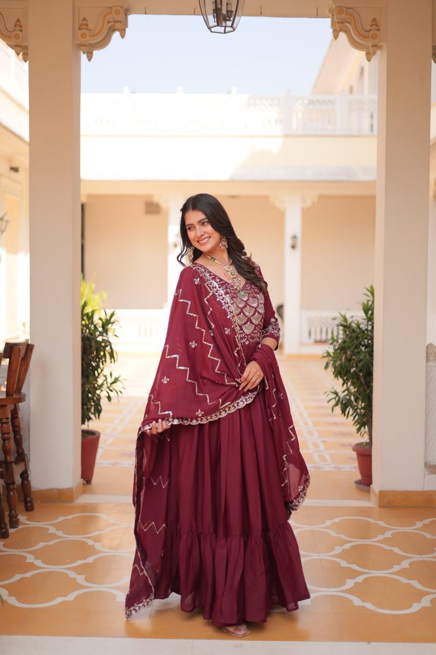 Admiring Maroon Color Pure Georgette With Heavy Sequence Embroidery Work Designer Gown