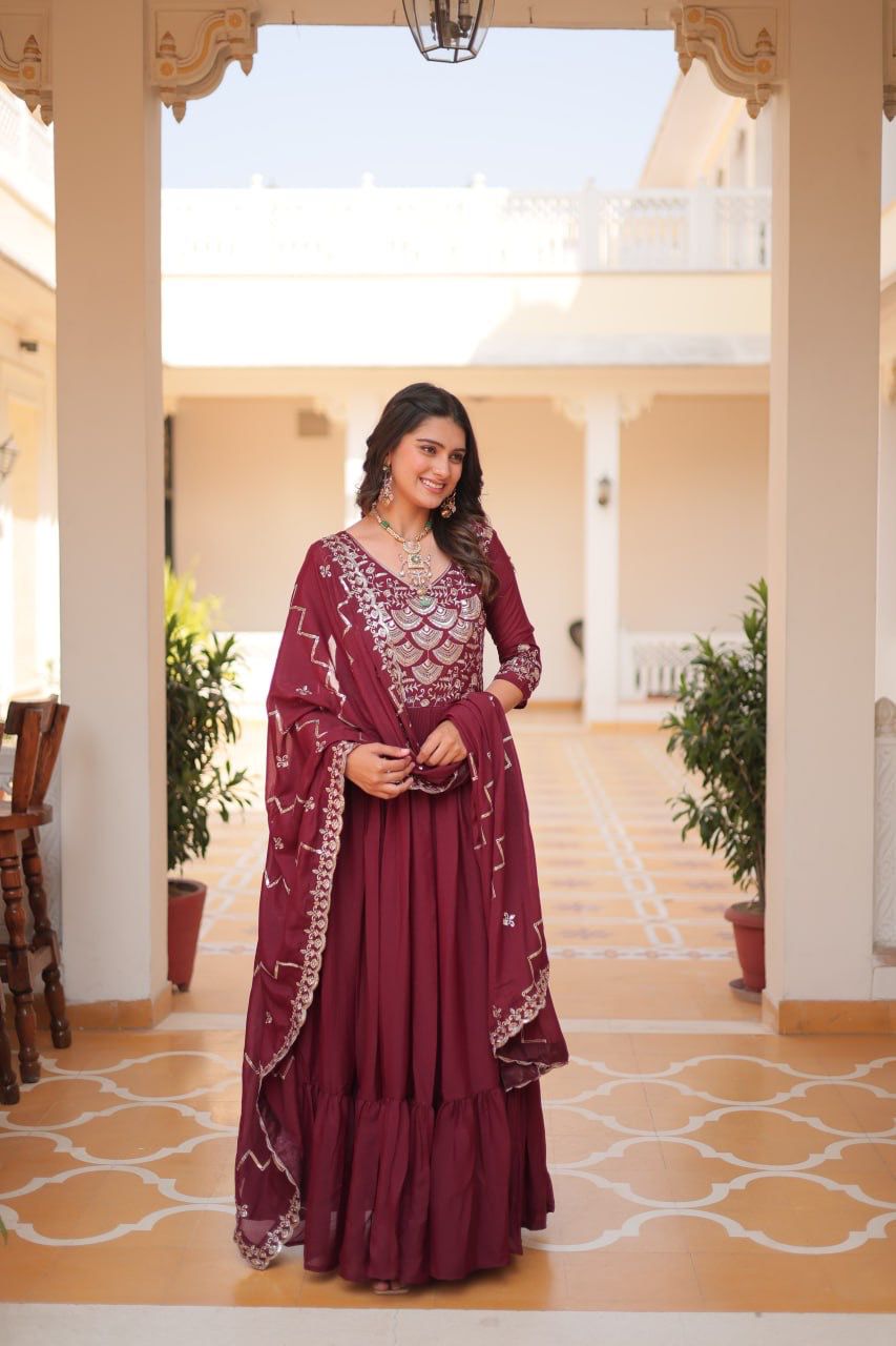 Admiring Maroon Color Pure Georgette With Heavy Sequence Embroidery Work Designer Gown