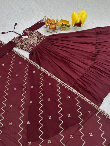 Admiring Maroon Color Pure Georgette With Heavy Sequence Embroidery Work Designer Gown