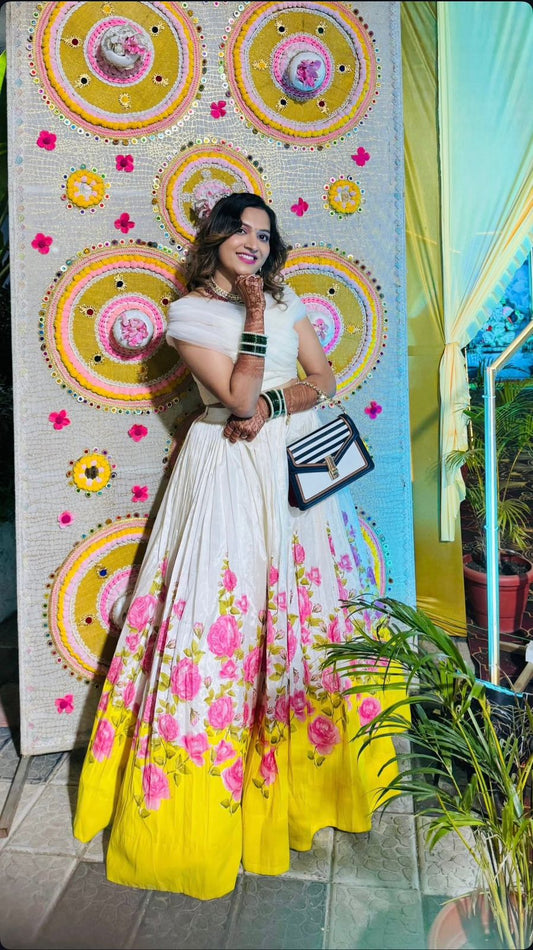 Marriage Special White And Yellow Color Designer Jimmy Organza Silk Floral Printed Lehenga Choli