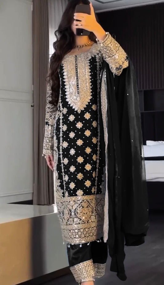 Engagement Wear Black Color Faux Georgette With Heavy Embroidery Sequence Work Designer Salwar Suit