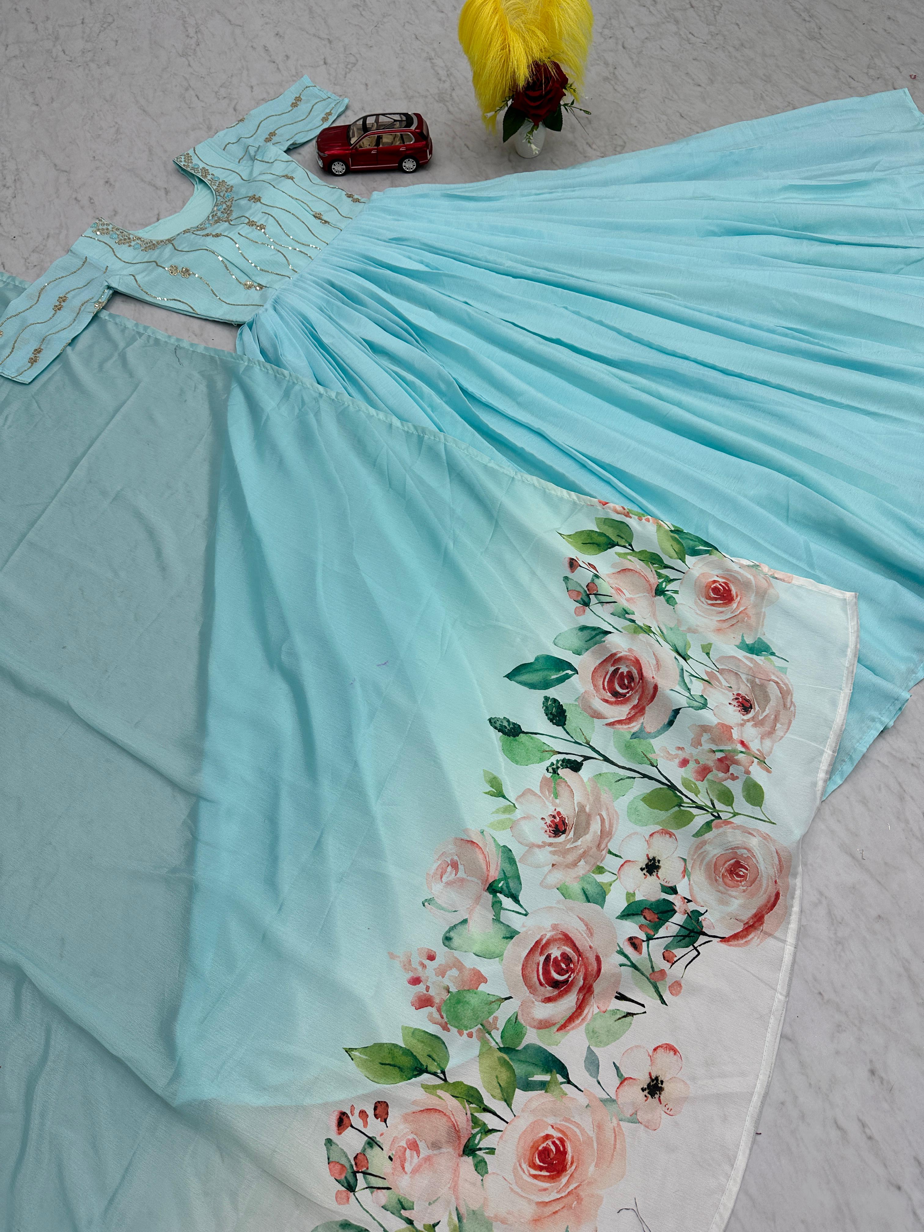 Party Wear Sky Blue Color Chinon With Heavy Embroidery Sequence Work Designer Gown