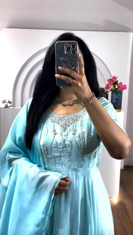 Party Wear Sky Blue Color Chinon With Heavy Embroidery Sequence Work Designer Gown