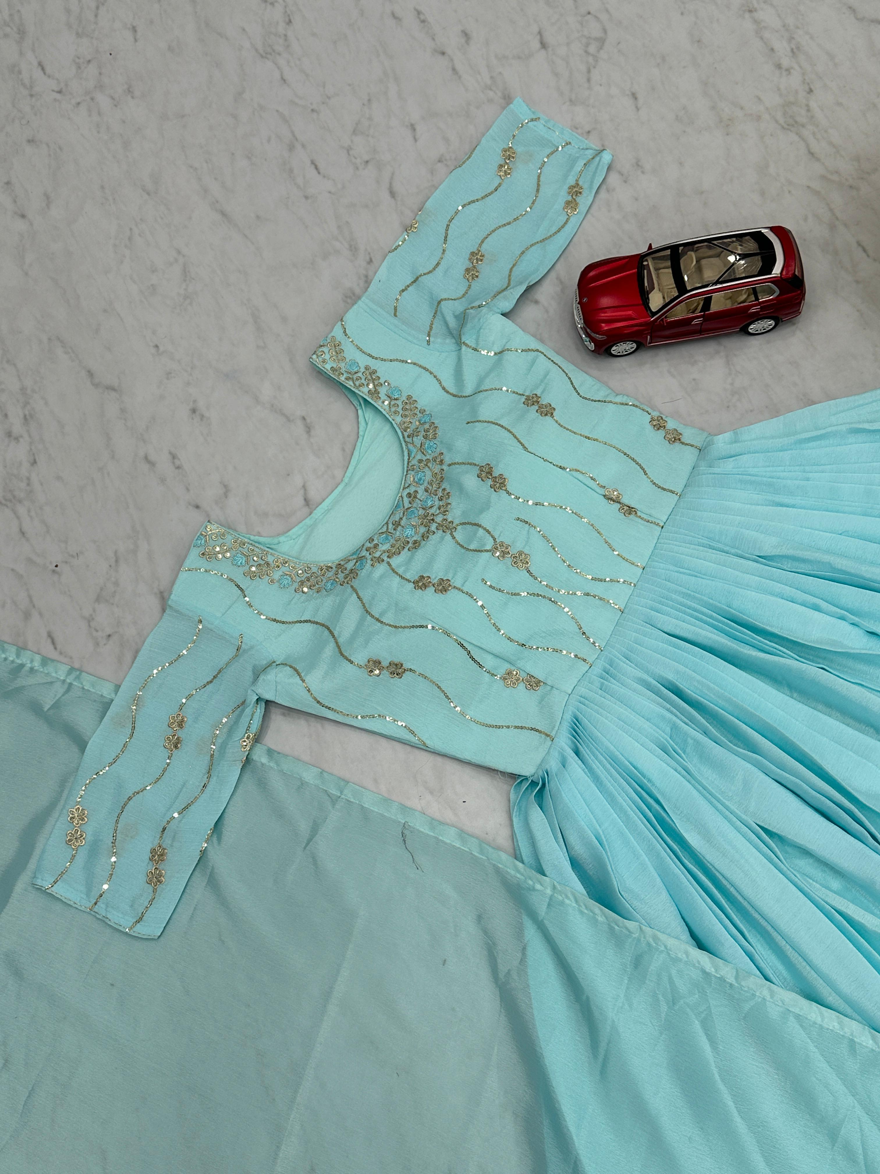 Party Wear Sky Blue Color Chinon With Heavy Embroidery Sequence Work Designer Gown
