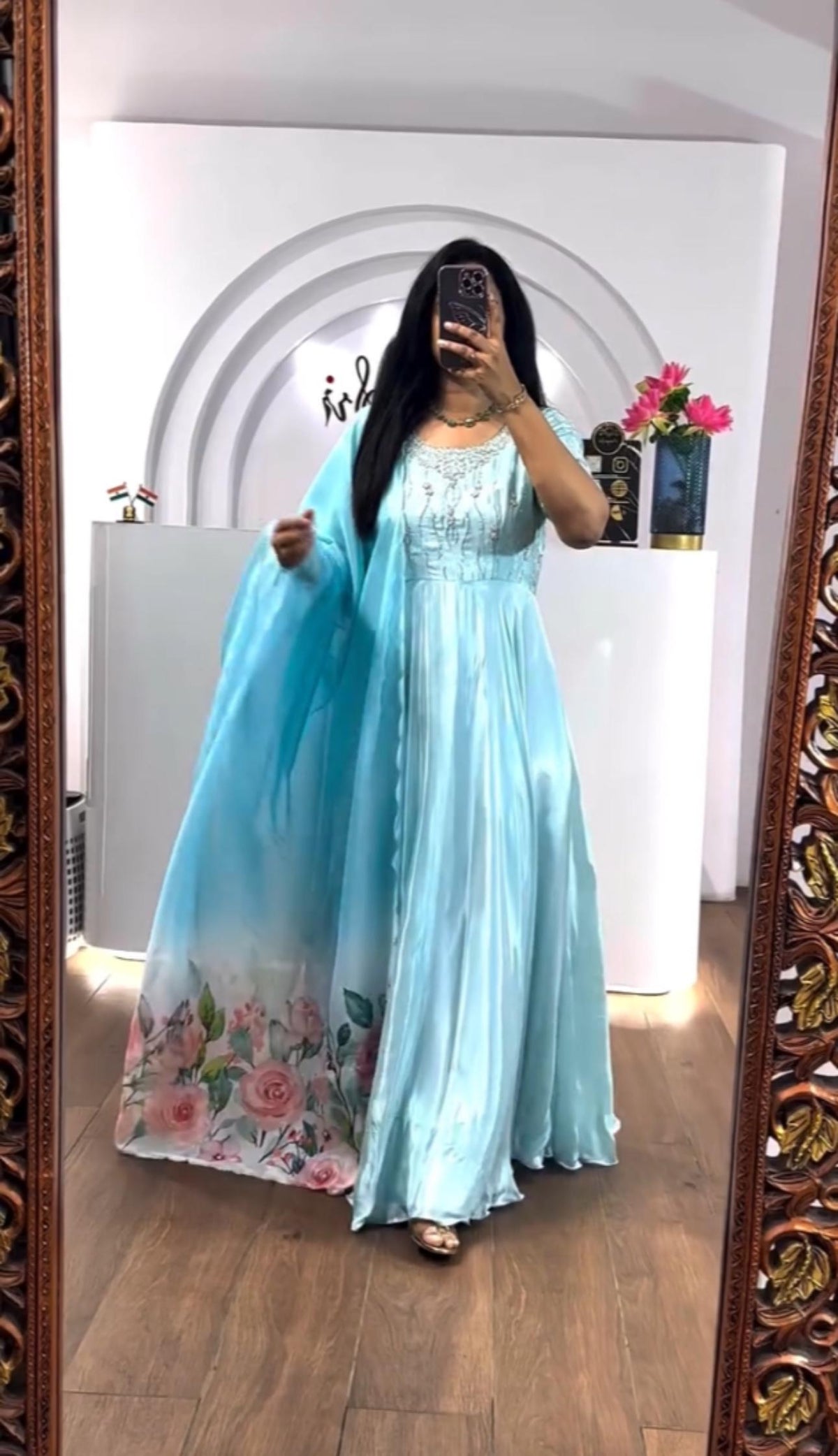 Party Wear Sky Blue Color Chinon With Heavy Embroidery Sequence Work Designer Gown