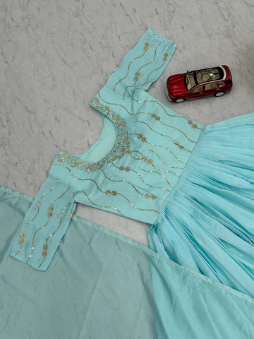 Party Wear Sky Blue Color Chinon With Heavy Embroidery Sequence Work Designer Gown