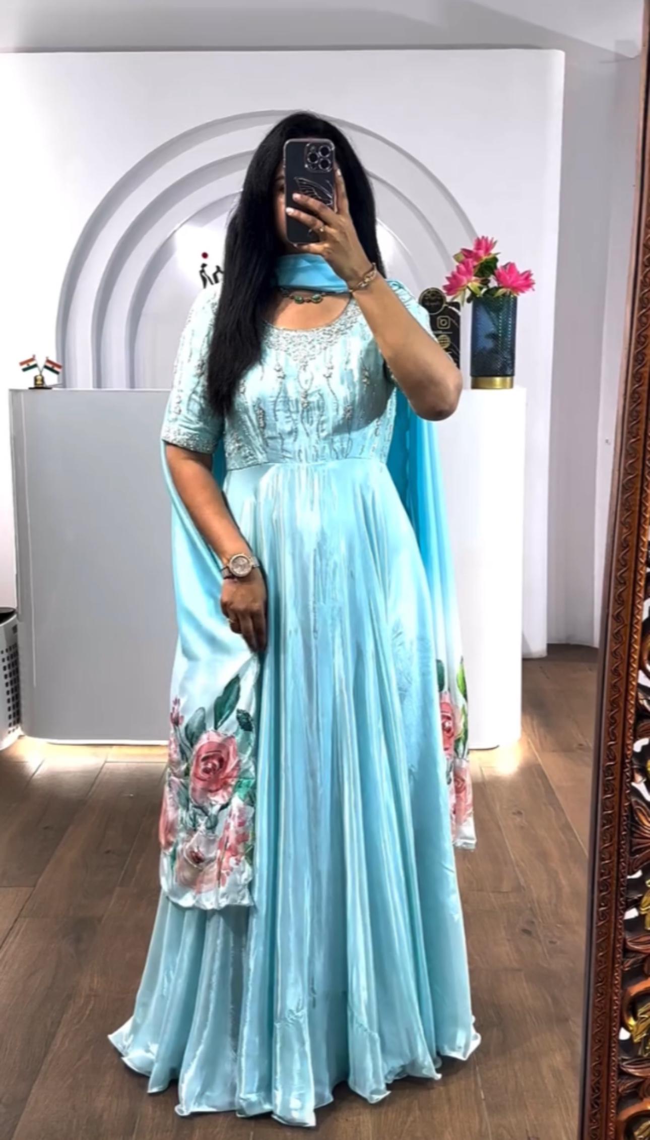 Party Wear Sky Blue Color Chinon With Heavy Embroidery Sequence Work Designer Gown