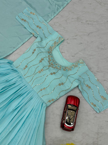 Party Wear Sky Blue Color Chinon With Heavy Embroidery Sequence Work Designer Gown