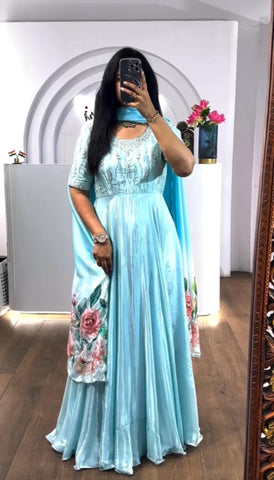 Party Wear Sky Blue Color Chinon With Heavy Embroidery Sequence Work Designer Gown