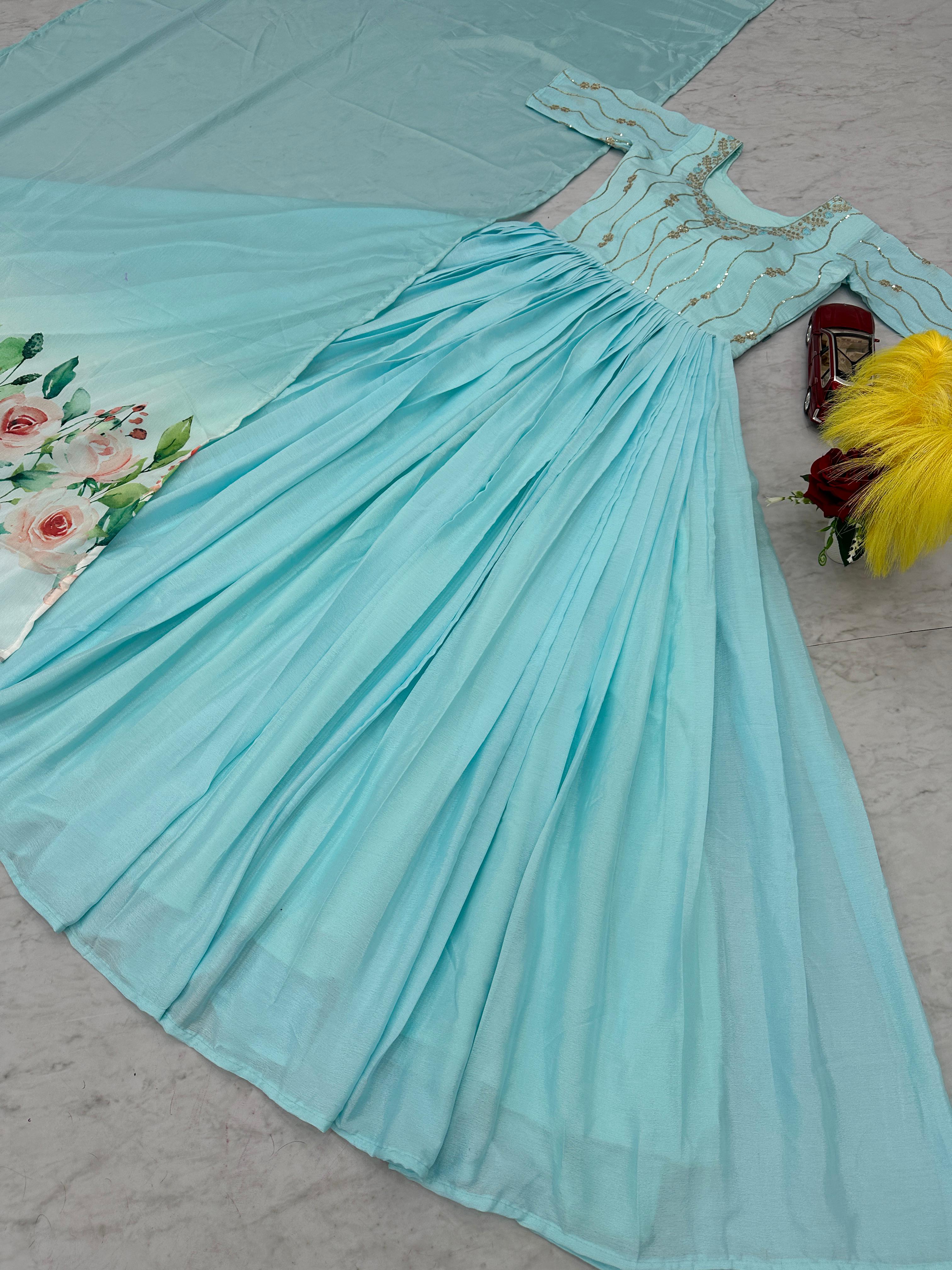 Party Wear Sky Blue Color Chinon With Heavy Embroidery Sequence Work Designer Gown