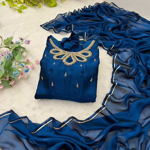 Party Wear Blue Color Look Rangoli Georgette Designer Gown
