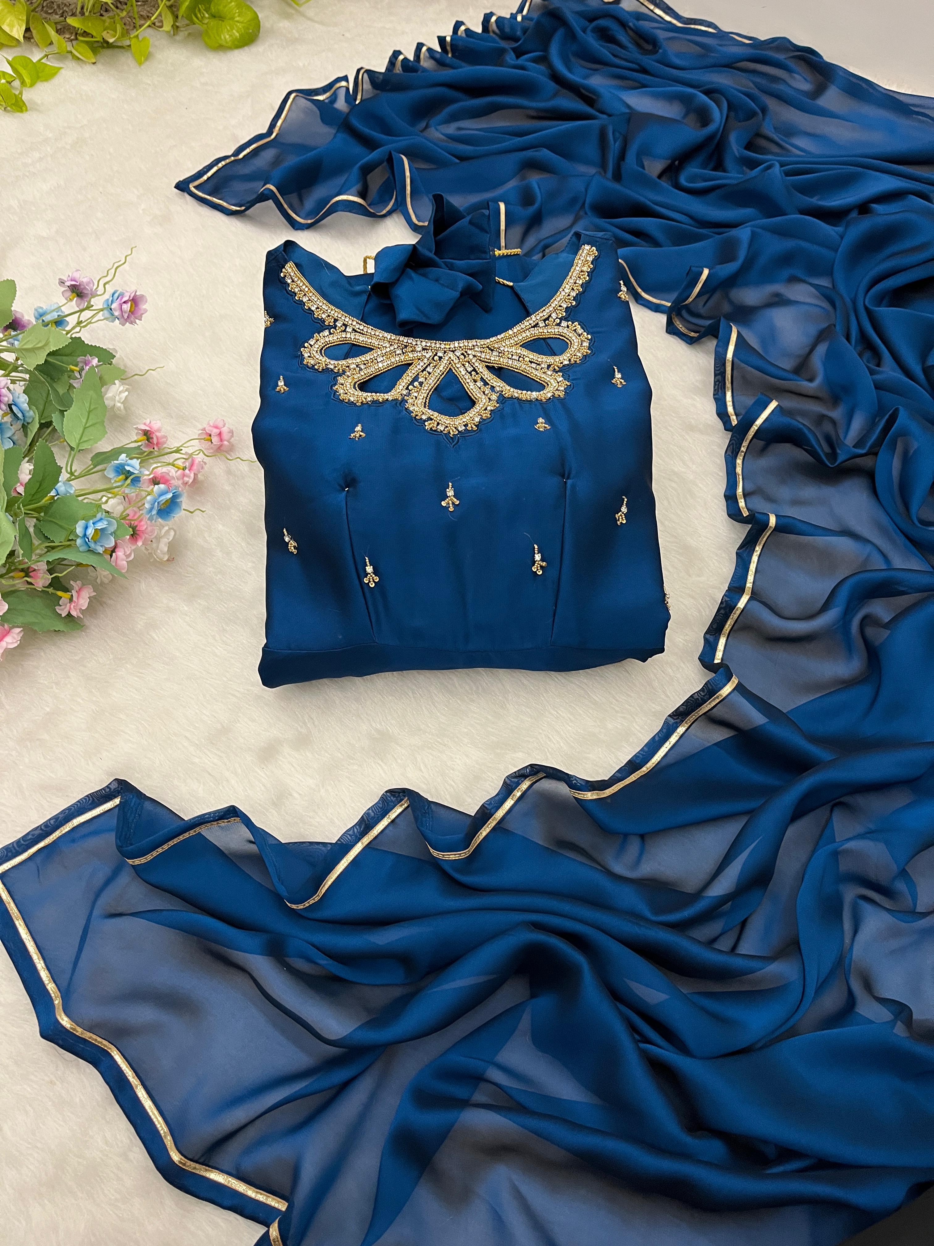 Party Wear Blue Color Look Rangoli Georgette Designer Gown