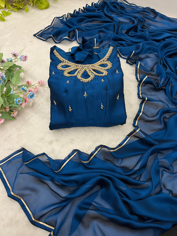 Party Wear Blue Color Look Rangoli Georgette Designer Gown