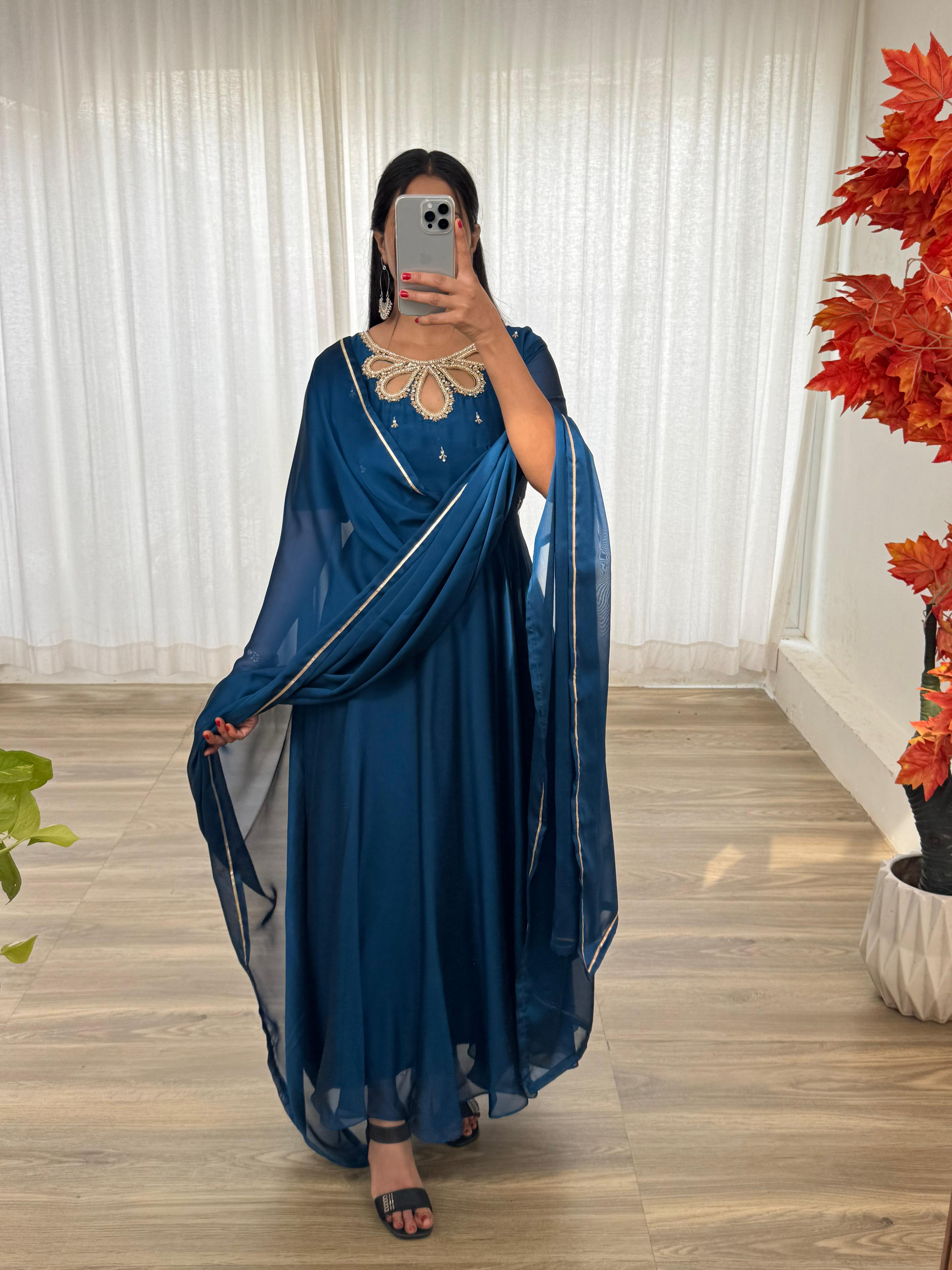 Party Wear Blue Color Look Rangoli Georgette Designer Gown