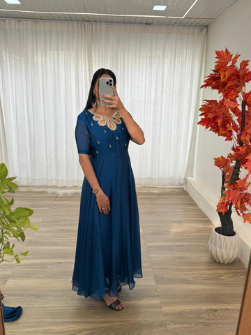 Party Wear Blue Color Look Rangoli Georgette Designer Gown