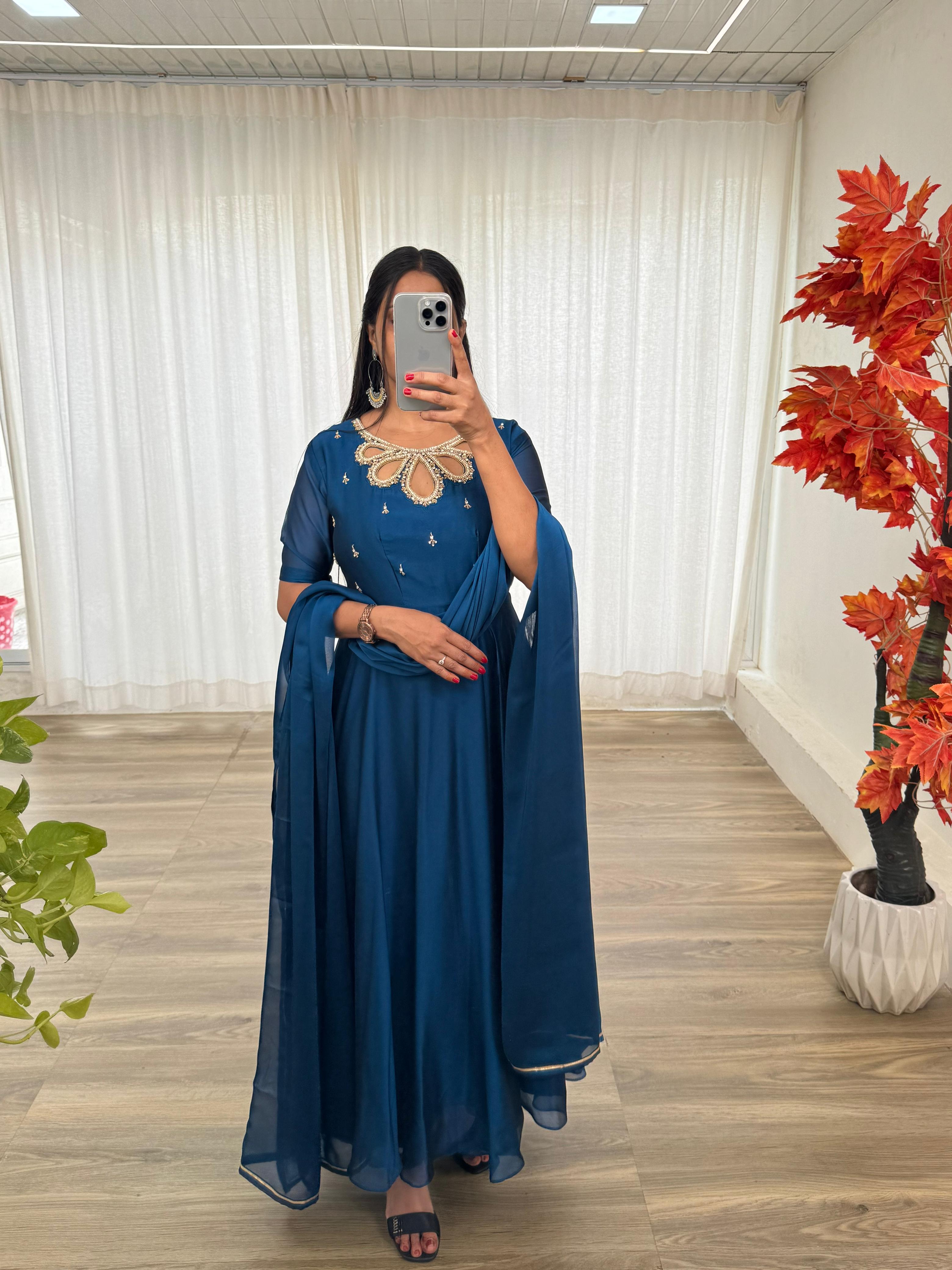 Party Wear Blue Color Look Rangoli Georgette Designer Gown