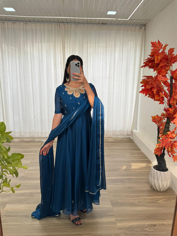 Party Wear Blue Color Look Rangoli Georgette Designer Gown