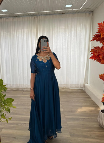 Party Wear Blue Color Look Rangoli Georgette Designer Gown