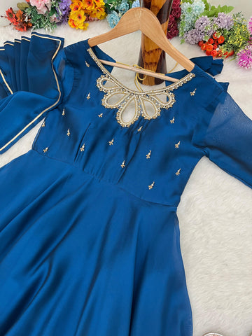 Party Wear Blue Color Look Rangoli Georgette Designer Gown