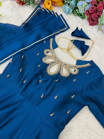 Party Wear Blue Color Look Rangoli Georgette Designer Gown