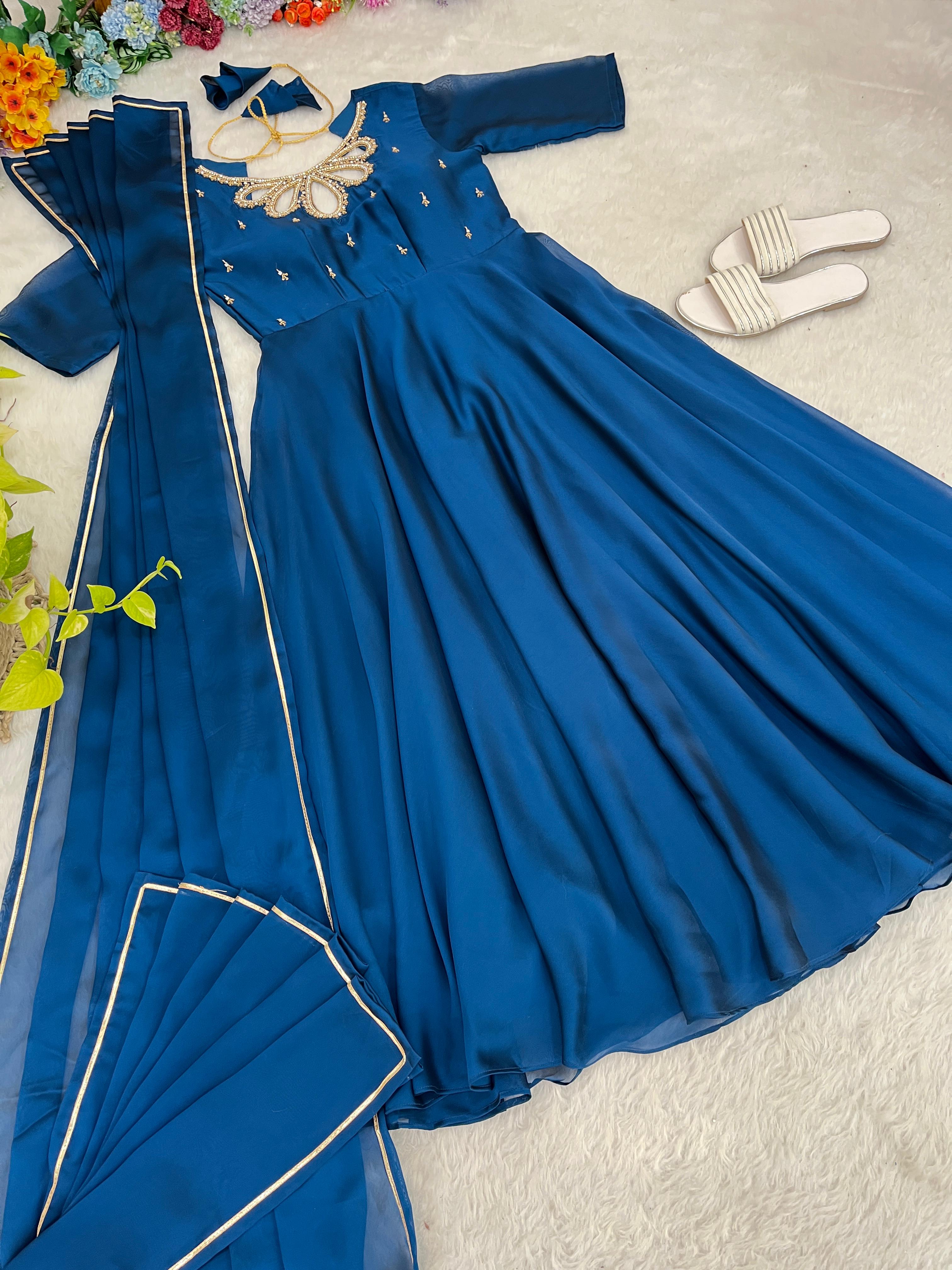 Party Wear Blue Color Look Rangoli Georgette Designer Gown