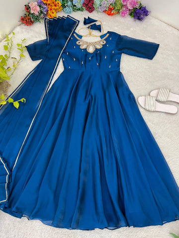 Party Wear Blue Color Look Rangoli Georgette Designer Gown